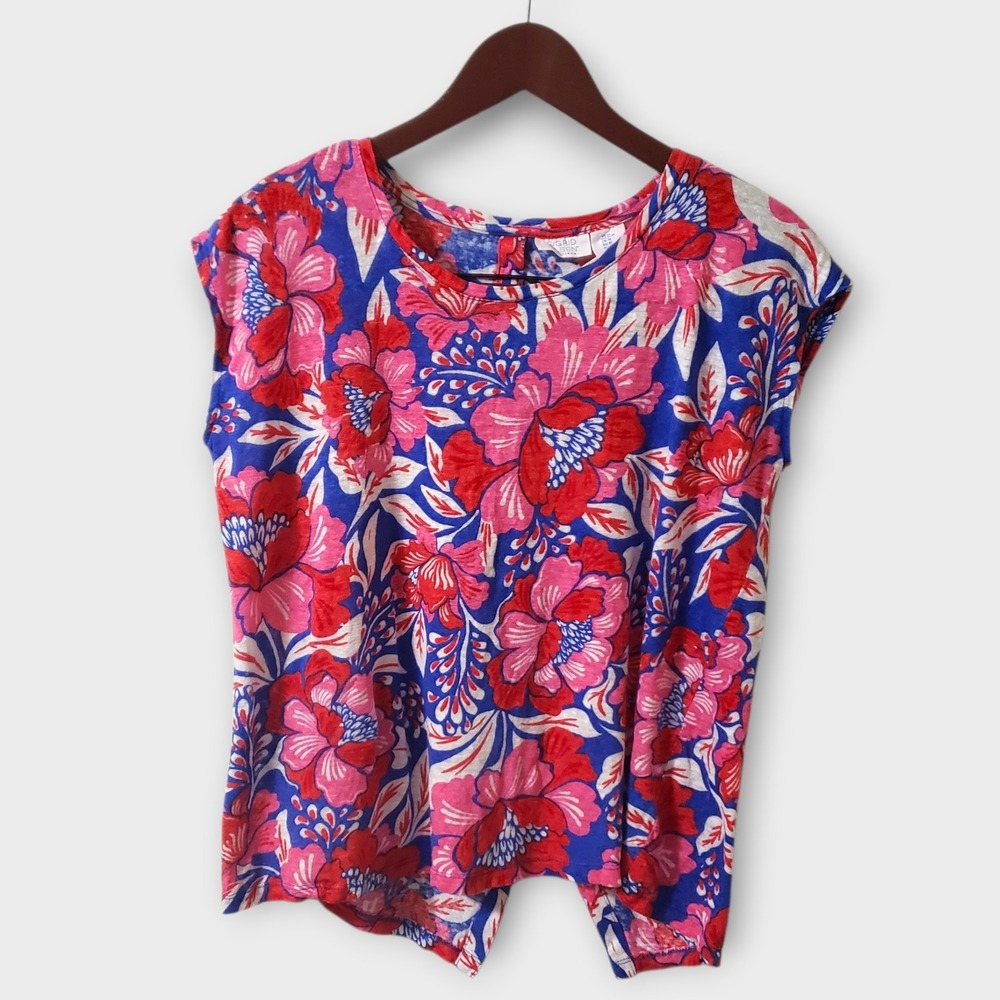 Sigrid Olsen 100% Linen Floral Cap Sleeve Button Back Top Blue Pink Red Size M